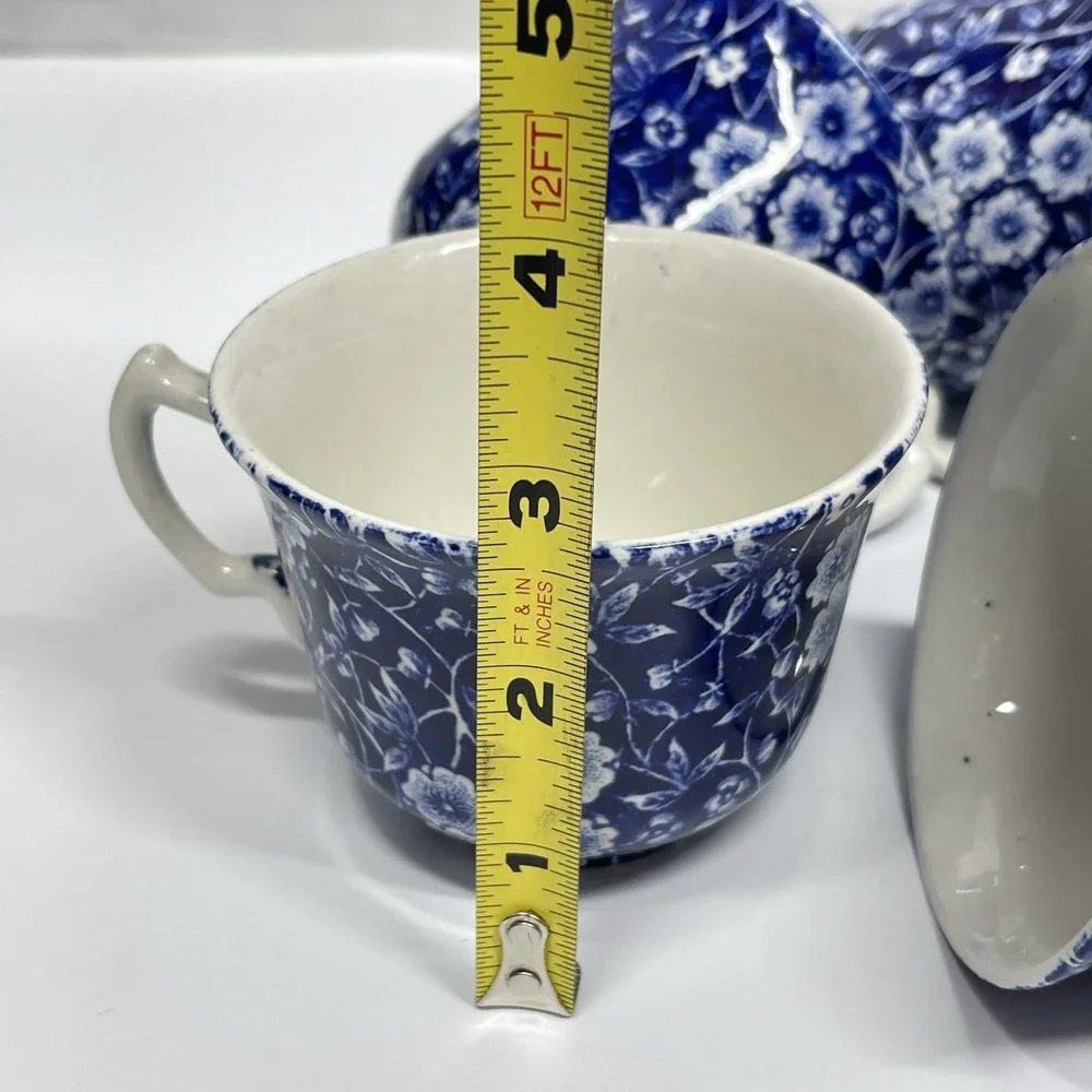 Vintage Crownford Staffordshire Blue Calico Lot Of 6 Teacups England‎ Ironstone